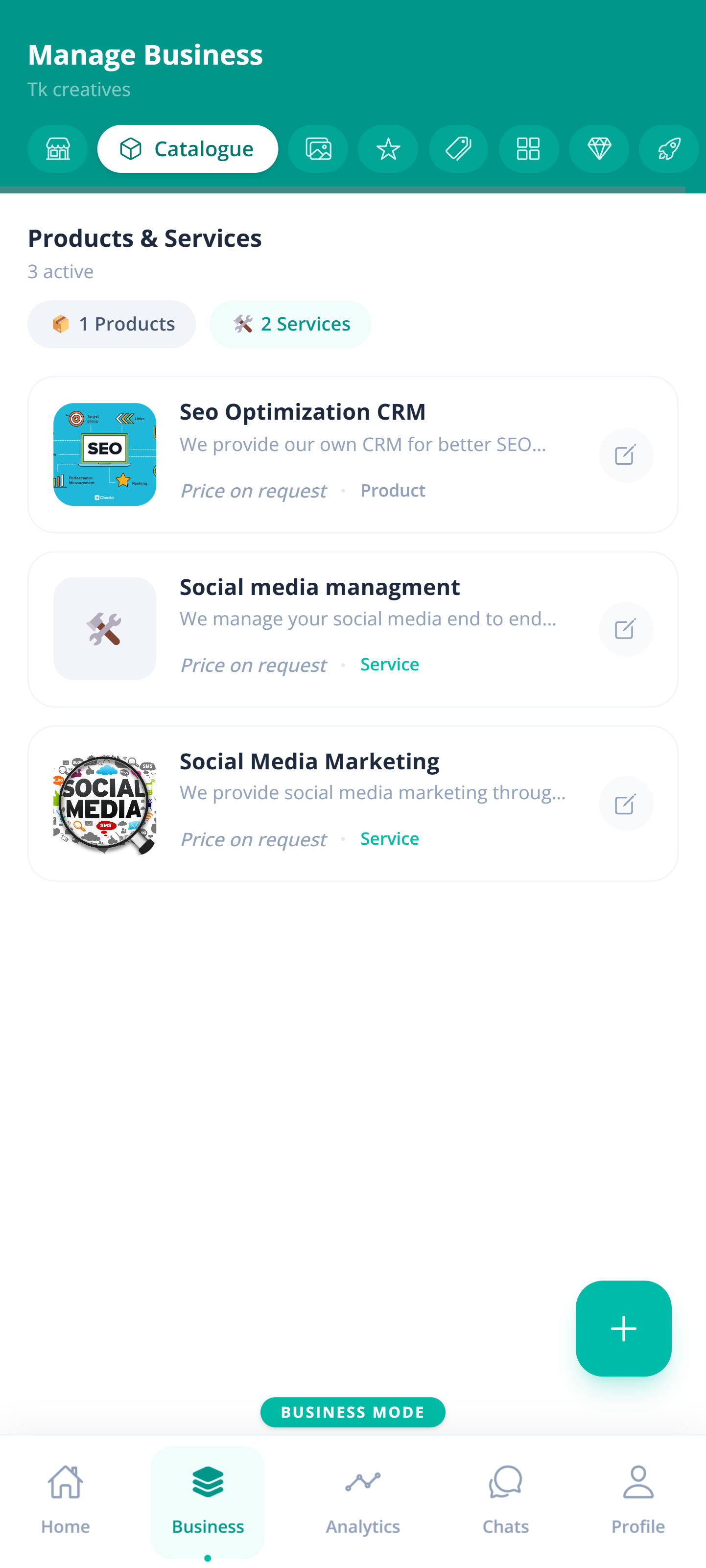 Tijarah Manage Business screen on the Catalogue tab listing a business's products and services