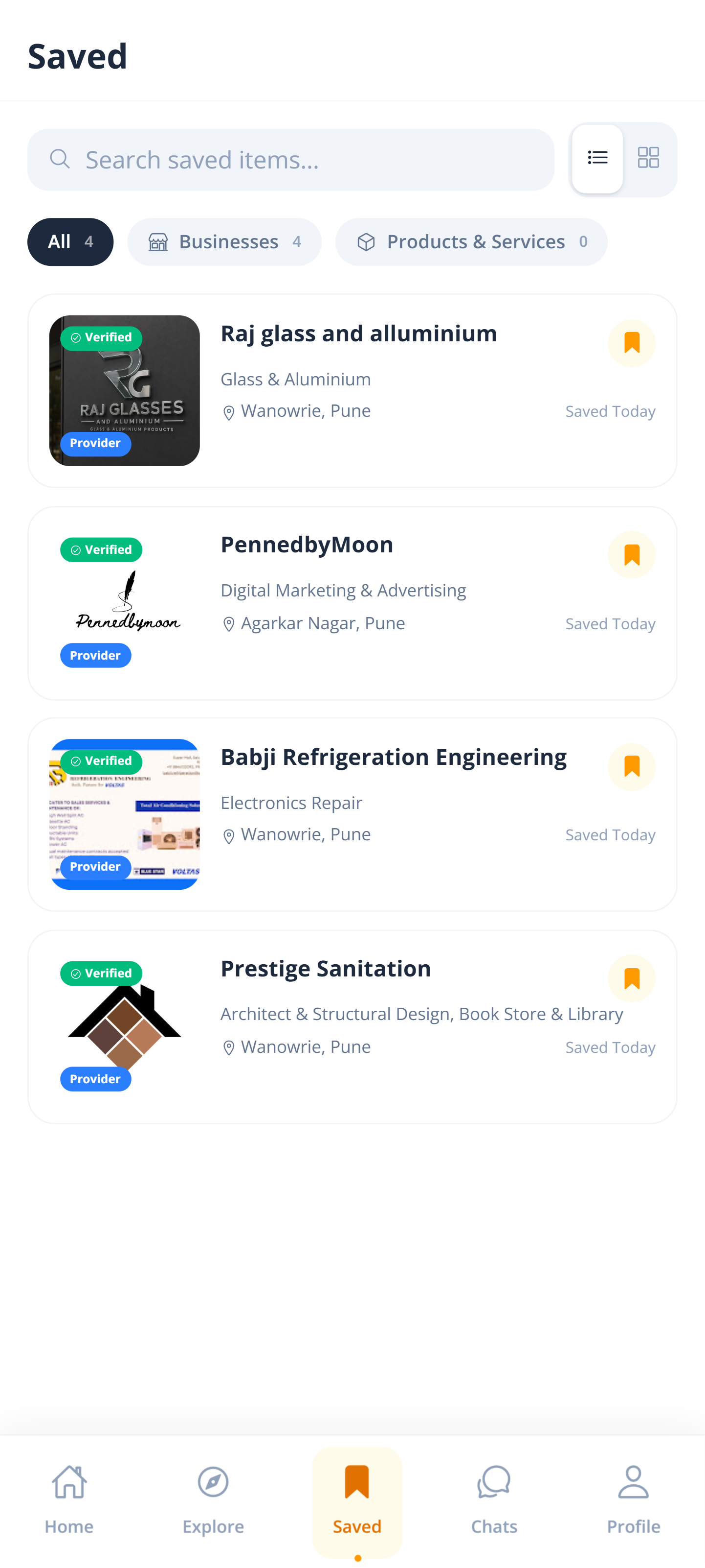 Tijarah Saved screen listing bookmarked verified businesses in Pune