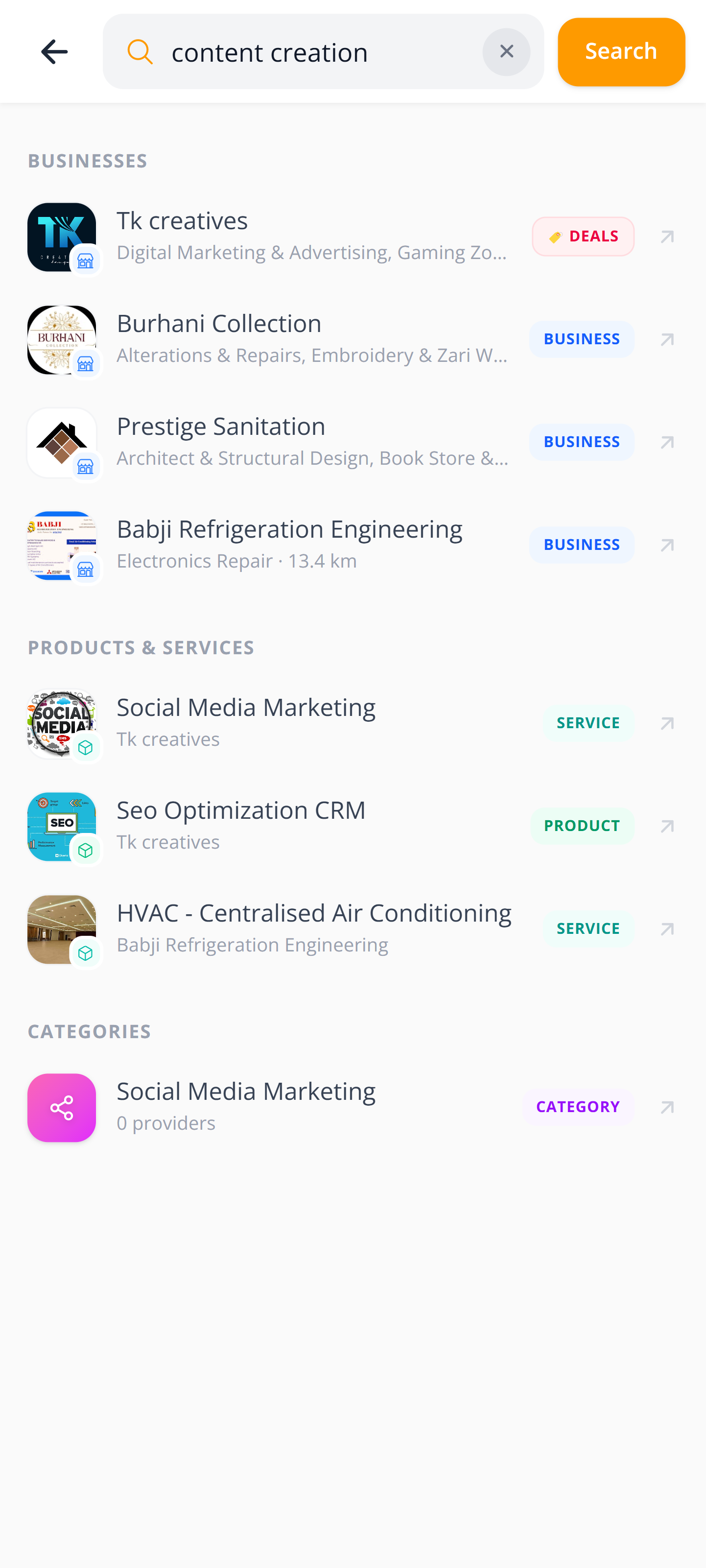 Tijarah search results for content creation, grouped into businesses, products and services, and categories