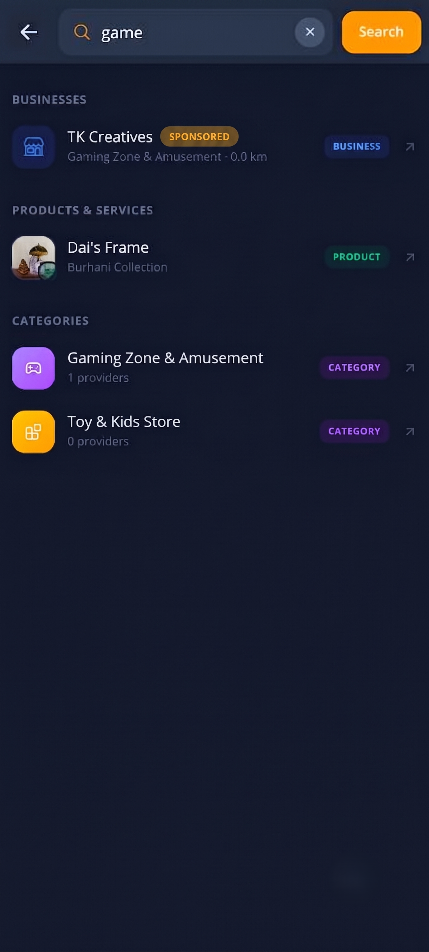 Tijarah search results for game with a sponsored business listed first
