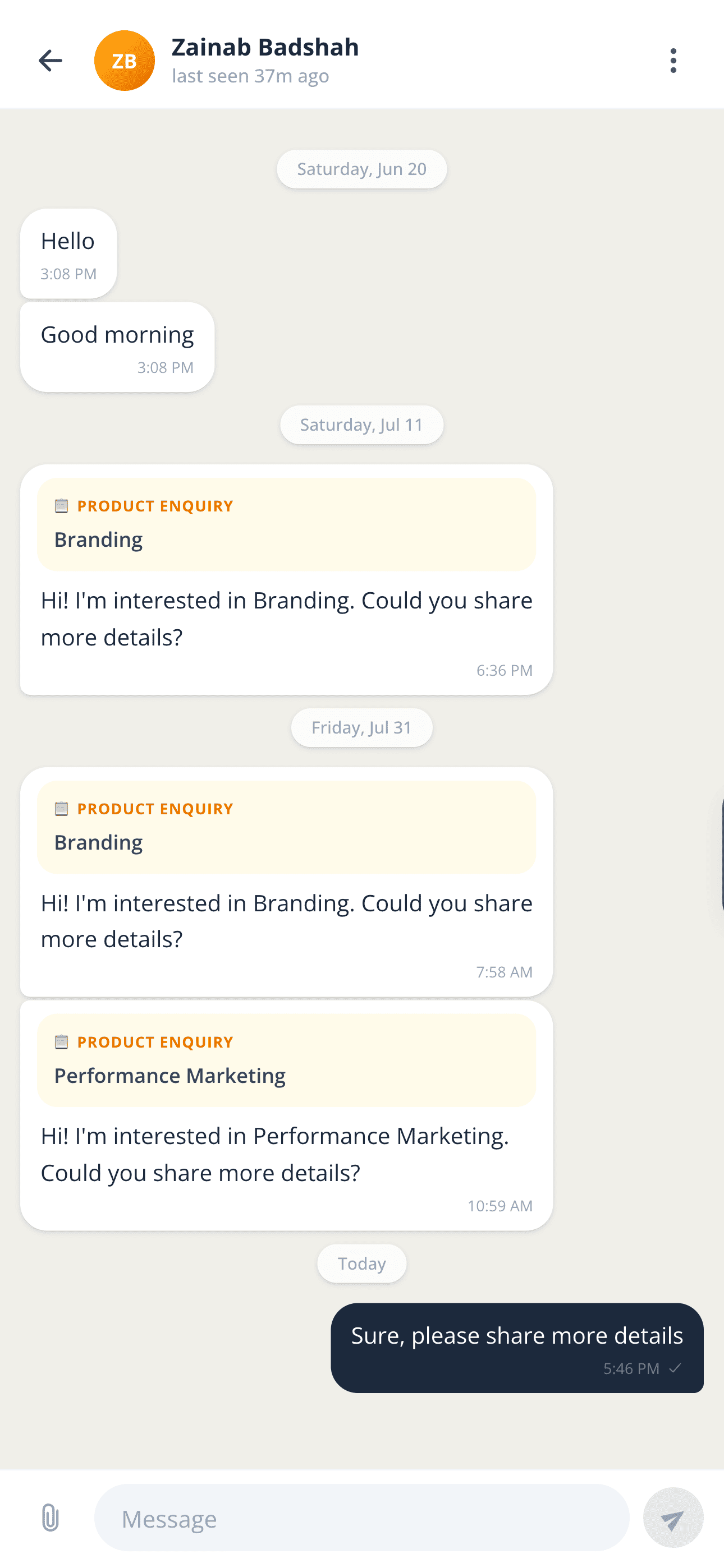 Tijarah chat screen with a provider conversation and product enquiries
