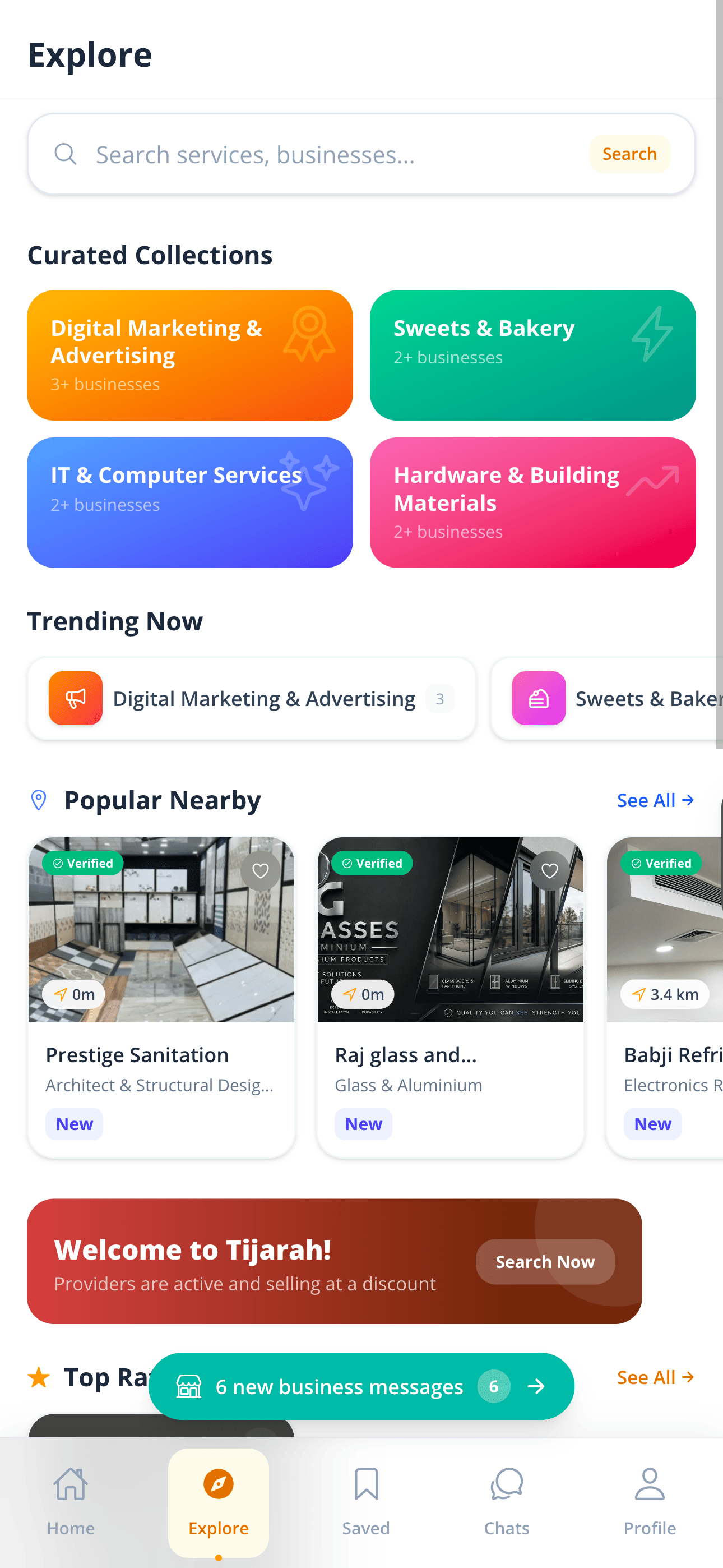 Tijarah app home screen showing search and nearby providers