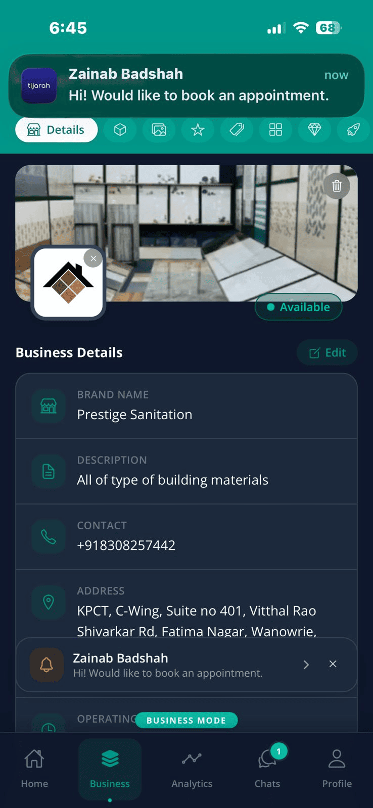 Tijarah business screen with a push notification about a new appointment request