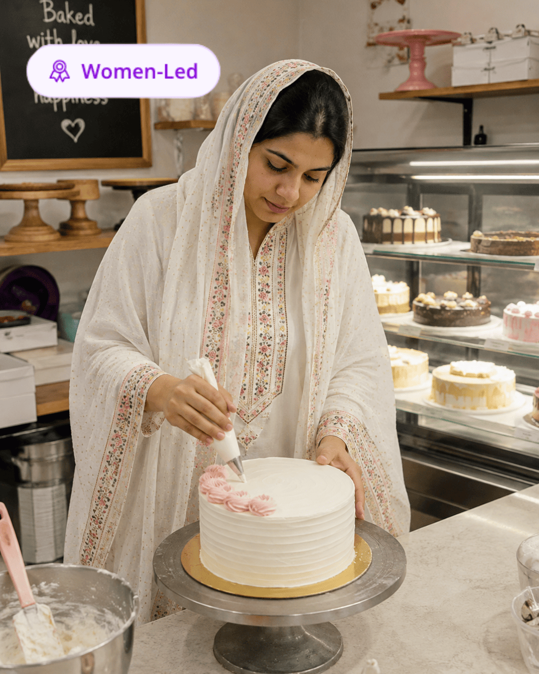 Sakina decorating a cake in her bakery
